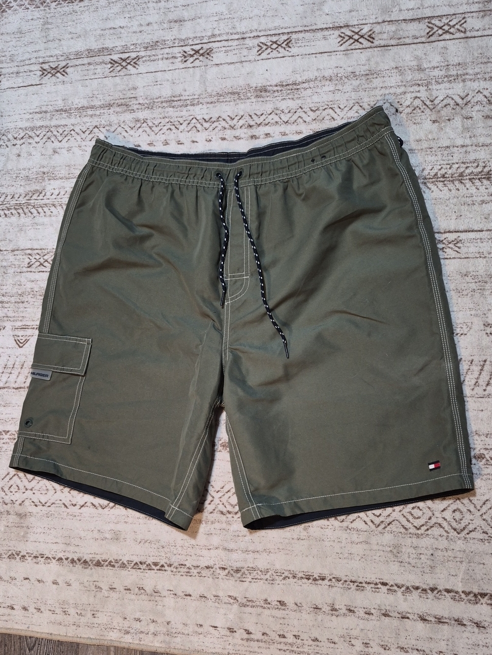 Tommy Hilfiger Olive Green Men's Swim Trunks with Cargo Pocket